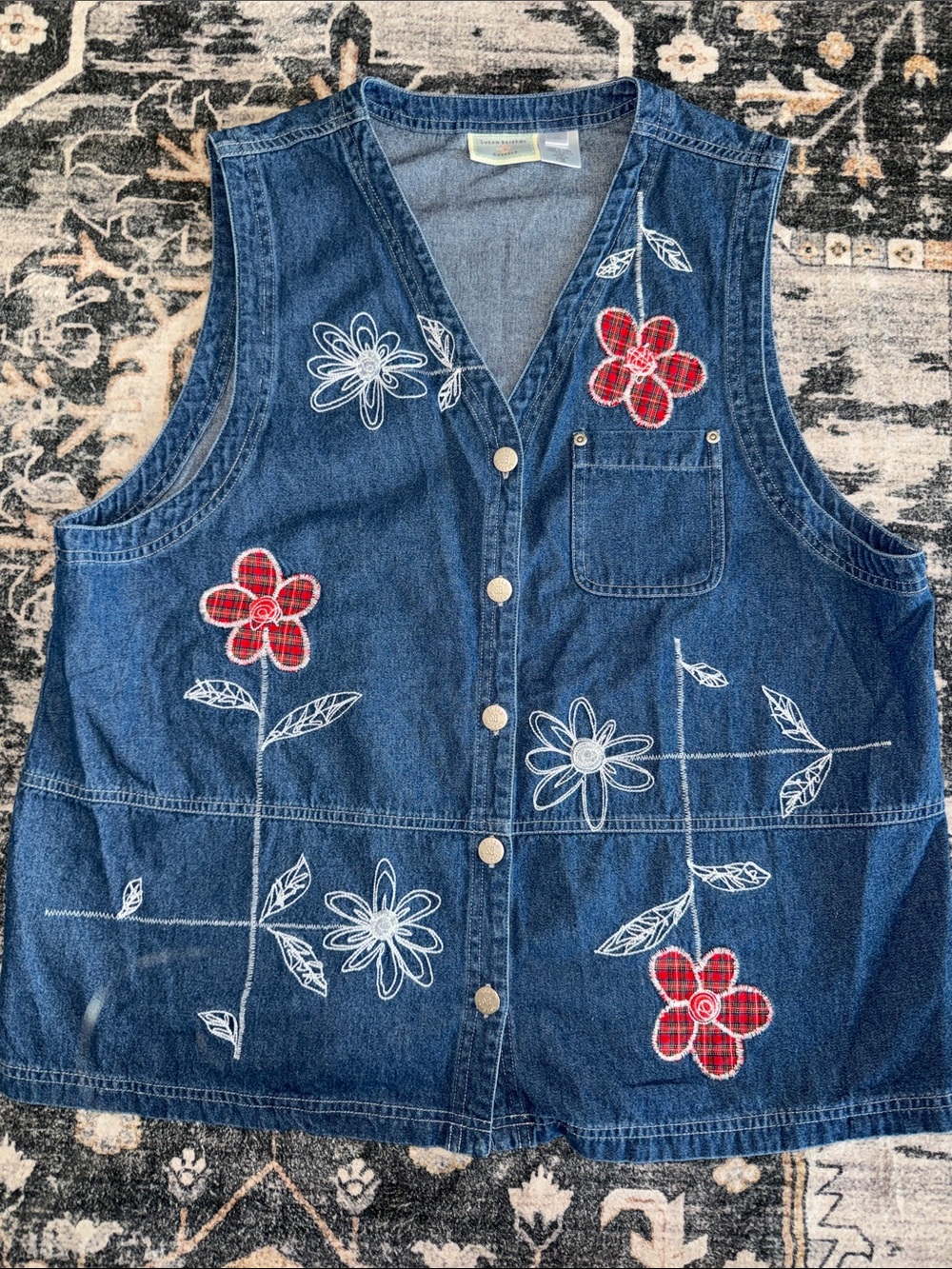 Susan Bristol Denim Vest with Red Plaid Floral Embroidered cottage core